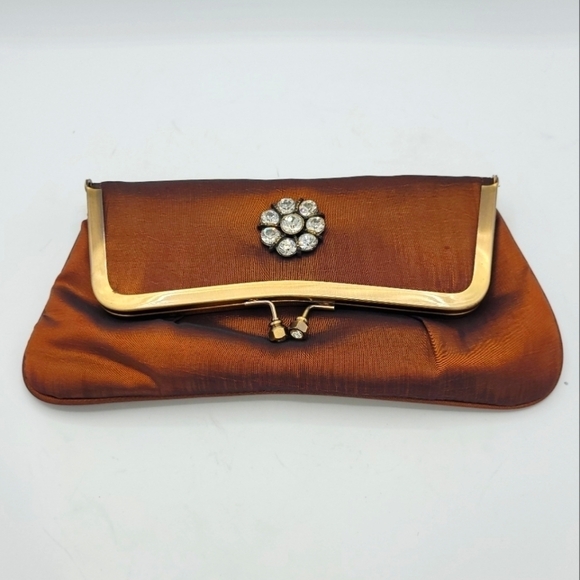 Vintage Burnt Copper Satin Fold-Over Clutch | Rhinestone Flower Details